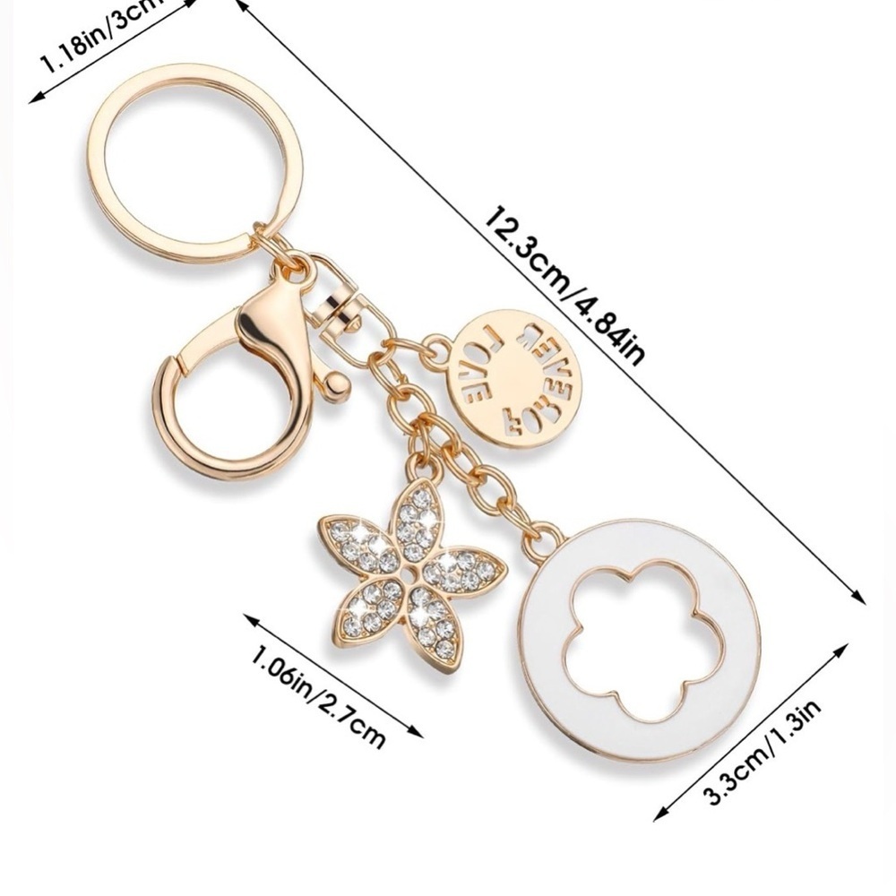 Gold-Tone Flower & Clover Bag Charm / Keychain – Rhinestone Accents - Picture 5 of 10